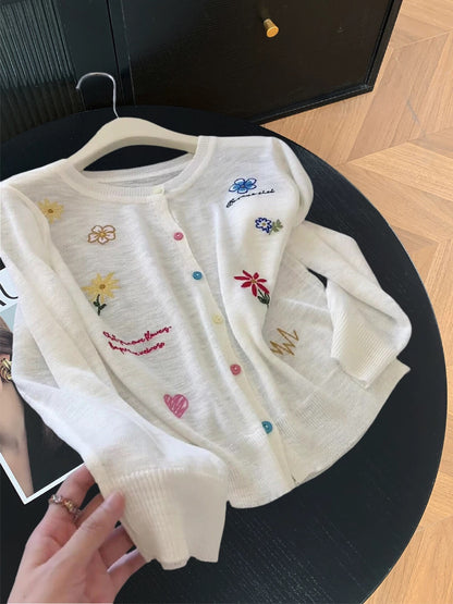Korean design flower embroidery thin knitted cardigan women's autumn fashion age-reducing round neck sun protection cardigan top
