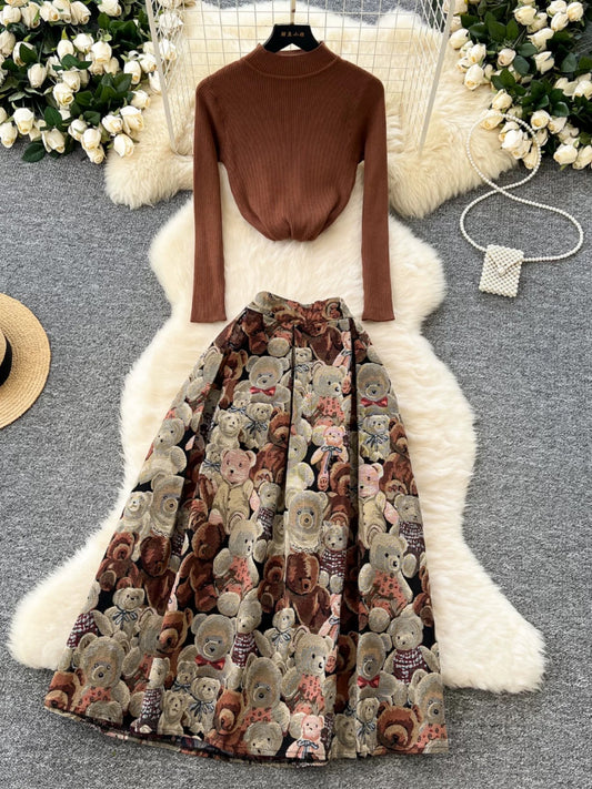 High-end outfits for women in autumn and winter, new inner layering sweaters, bear jacquard high-waisted skirts