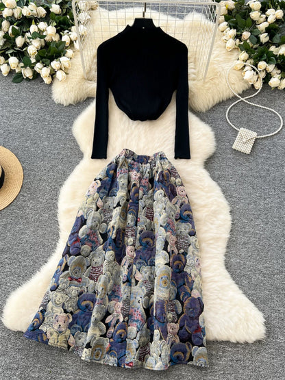 High-end outfits for women in autumn and winter, new inner layering sweaters, bear jacquard high-waisted skirts
