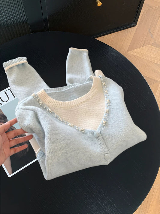 Design sense fake two-piece contrast color beaded knitted sweater women's autumn and winter gentle style soft and glutinous round neck top