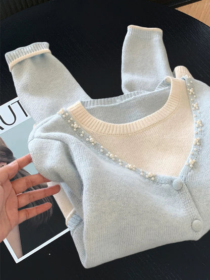 Design sense fake two-piece contrast color beaded knitted sweater women's autumn and winter gentle style soft and glutinous round neck top