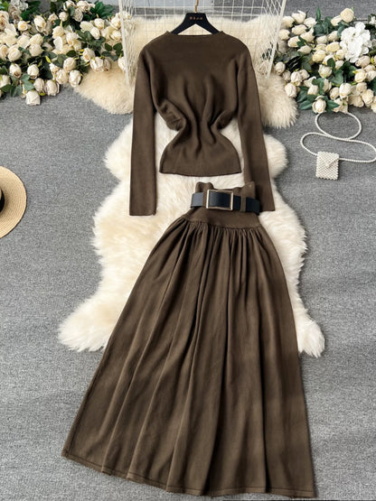 Yujie light luxury and high-end two-piece set for women long-sleeved slim knitted sweater + high-waist slimming A-line skirt