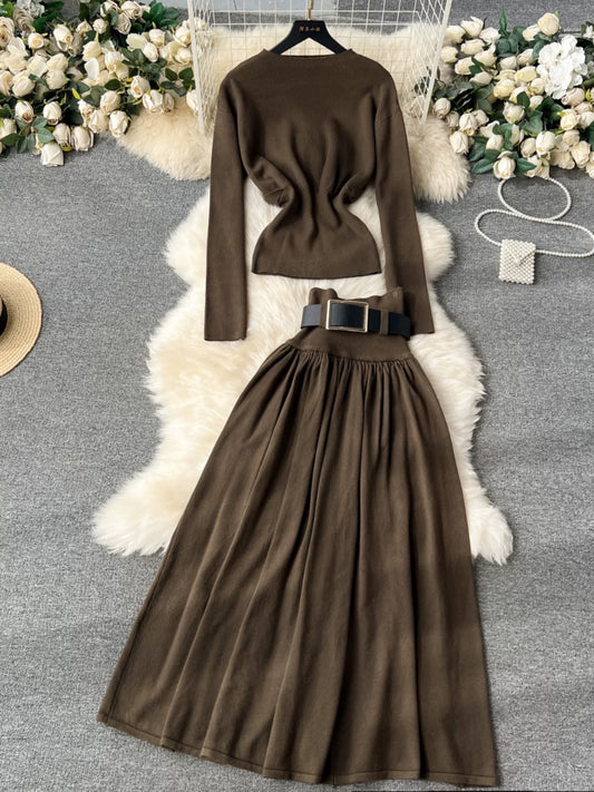Yujie light luxury and high-end two-piece set for women long-sleeved slim knitted sweater + high-waist slimming A-line skirt