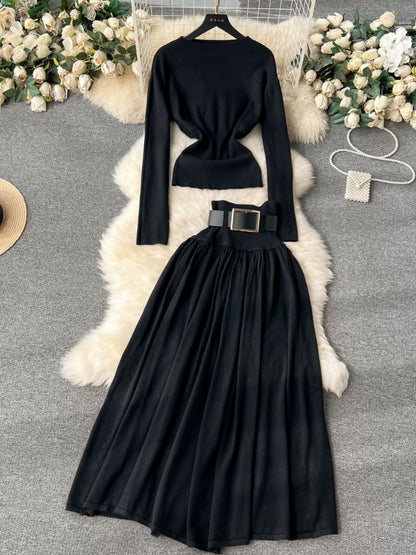 Yujie light luxury and high-end two-piece set for women long-sleeved slim knitted sweater + high-waist slimming A-line skirt