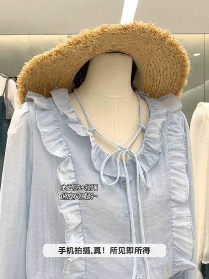 Korean style gentle sweet age-reducing wood ear edge V-neck long-sleeved shirt spring new design bubble sleeve top for women