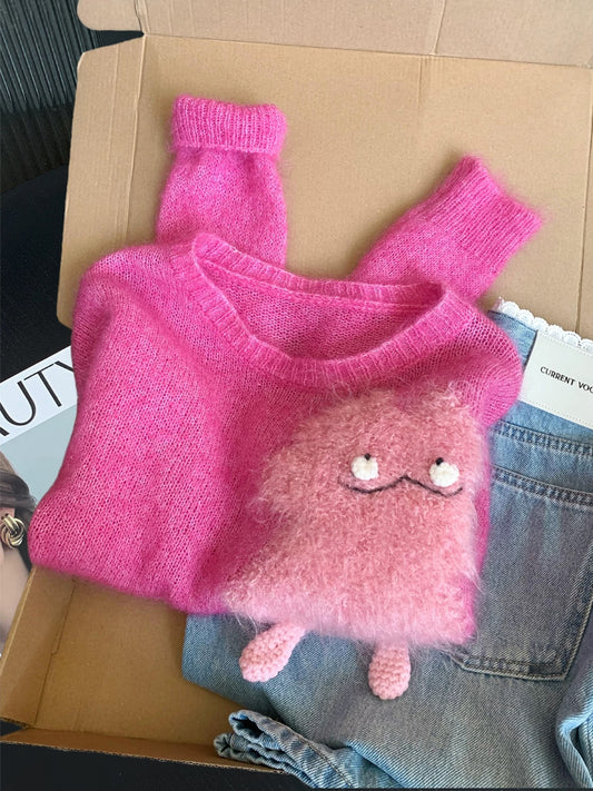 Dopamine raspberry pink fun little monster pattern sweater women autumn and winter sweet style age-reducing lazy knitted sweater top