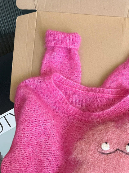 Dopamine raspberry pink fun little monster pattern sweater women autumn and winter sweet style age-reducing lazy knitted sweater top