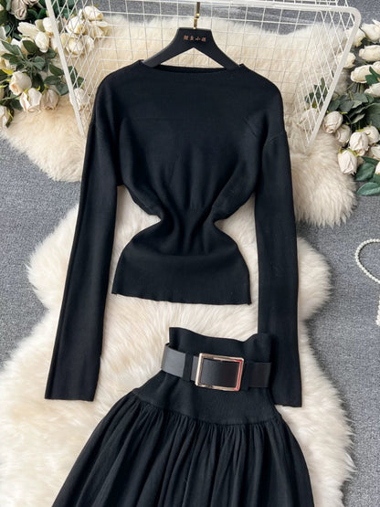 Yujie light luxury and high-end two-piece set for women long-sleeved slim knitted sweater + high-waist slimming A-line skirt