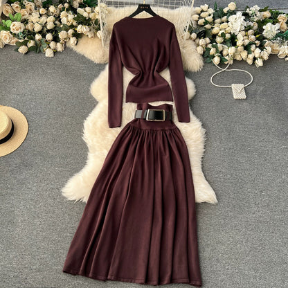 Yujie light luxury and high-end two-piece set for women long-sleeved slim knitted sweater + high-waist slimming A-line skirt