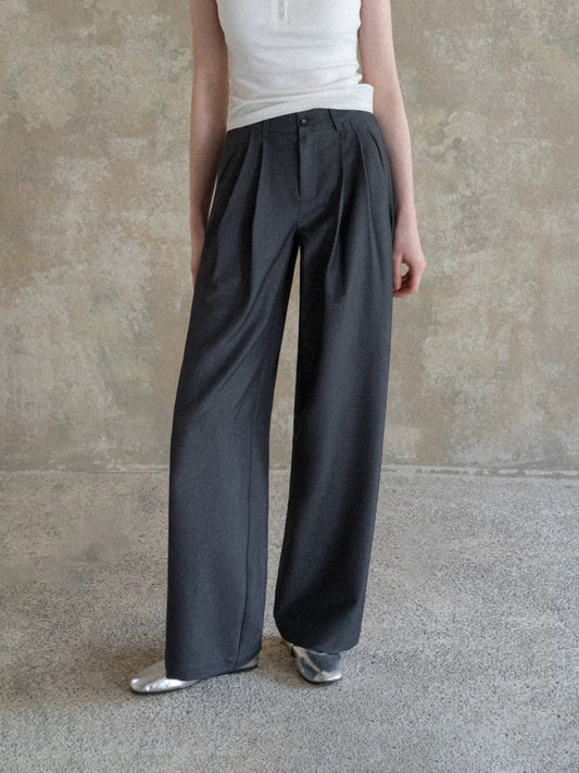 EGGKA Grey Elastic Waist Flowy Casual Pants for Women, Spring/Summer, Simple, Versatile, Elegant, Slimming Wide-Leg Pants