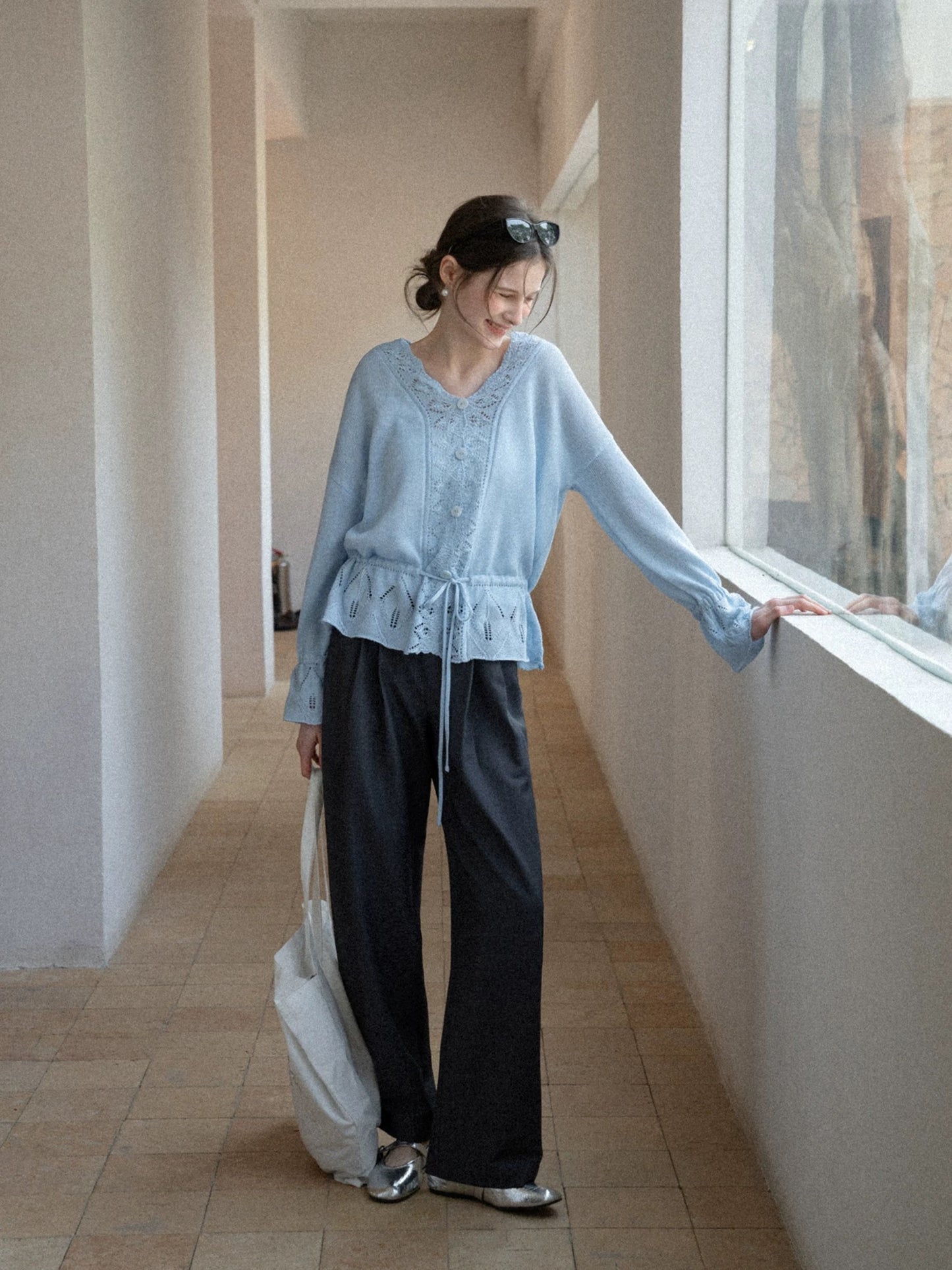 EGGKA Grey Elastic Waist Flowy Casual Pants for Women, Spring/Summer, Simple, Versatile, Elegant, Slimming Wide-Leg Pants