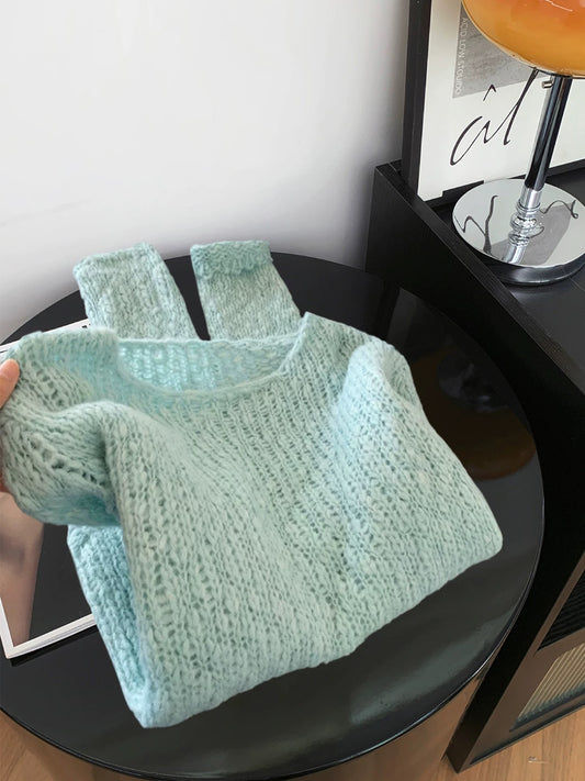 Korean style gentle mint mambo green knitted sweater women's autumn and winter temperament simple short hollow long-sleeved top