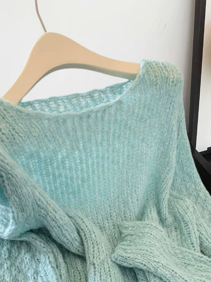 Korean style gentle mint mambo green knitted sweater women's autumn and winter temperament simple short hollow long-sleeved top