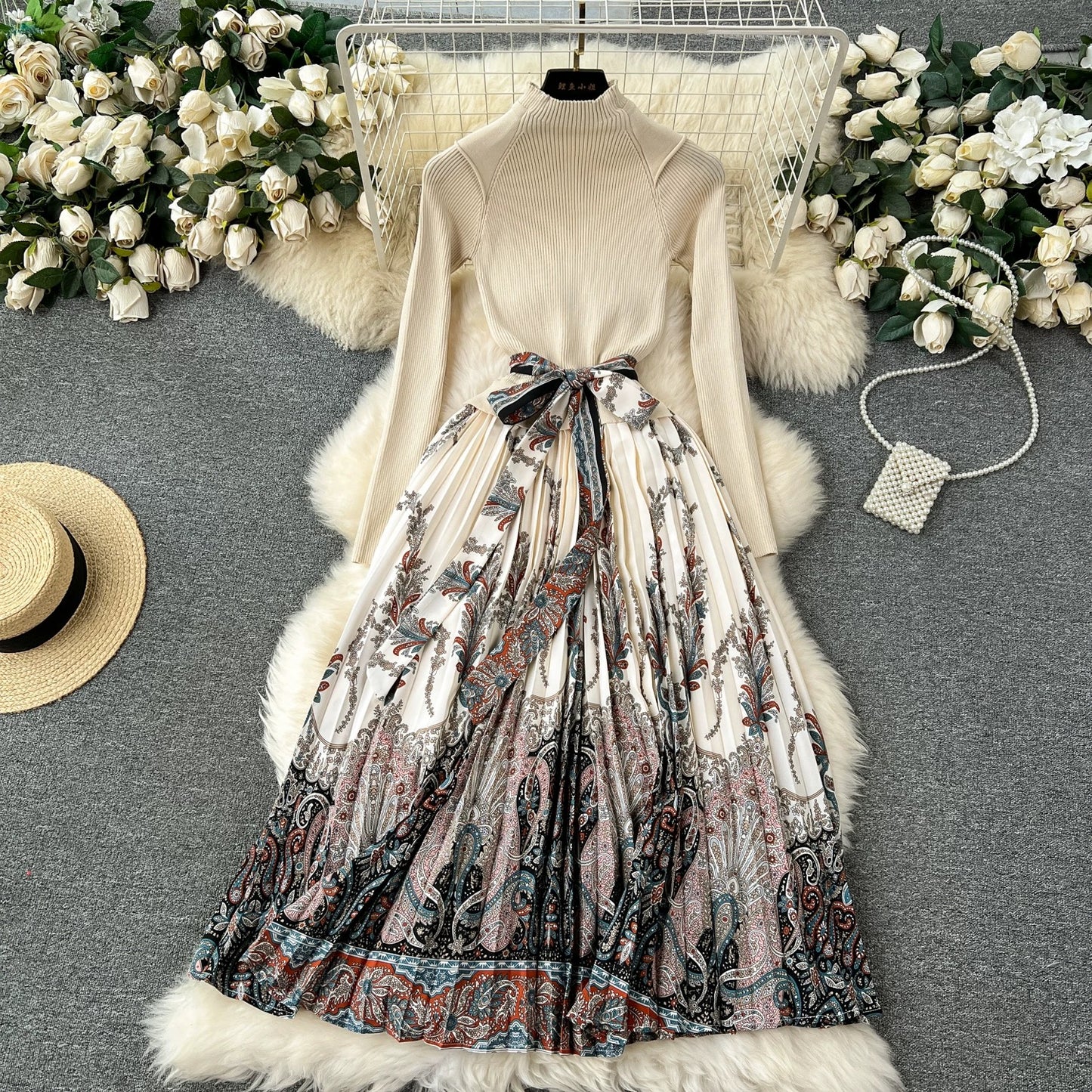 High-end temperament dress for women with fake two-piece skirt, high-end slimming high-neck knitted splicing floral long skirt