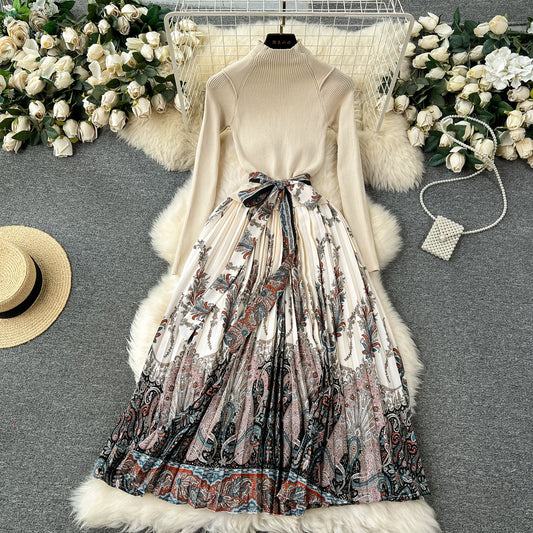 High-end temperament dress for women with fake two-piece skirt, high-end slimming high-neck knitted splicing floral long skirt