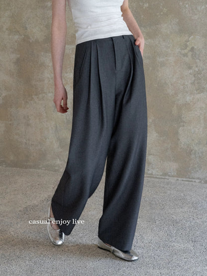 EGGKA Grey Elastic Waist Flowy Casual Pants for Women, Spring/Summer, Simple, Versatile, Elegant, Slimming Wide-Leg Pants