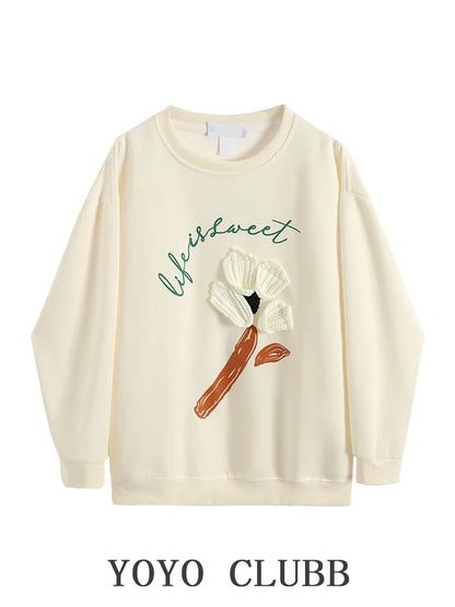 YOYO CLUBB college style three-dimensional flower round neck pullover sweatshirt early autumn large size flesh-covering slimming long-sleeved top