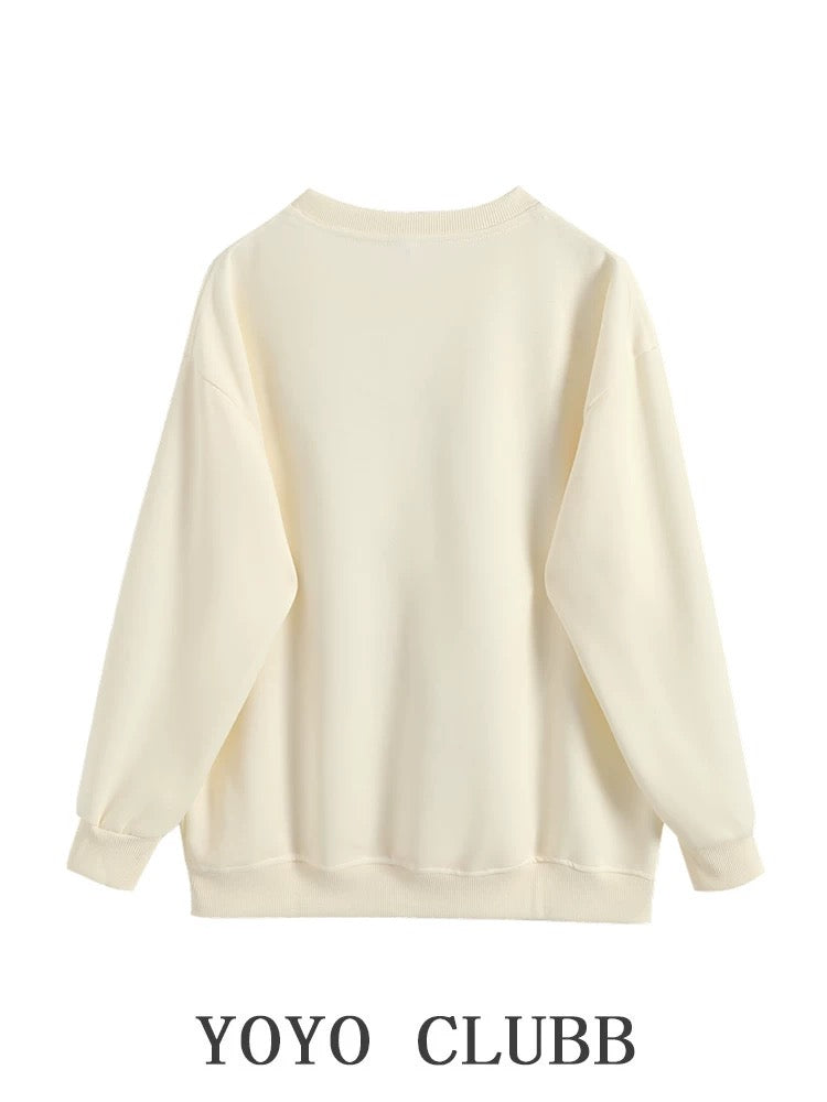 YOYO CLUBB college style three-dimensional flower round neck pullover sweatshirt early autumn large size flesh-covering slimming long-sleeved top