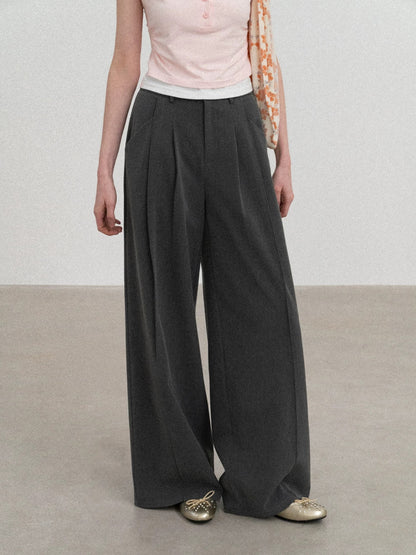 [In Stock] EGGKA Grey Elegant Flattering Casual Pants for Women, Spring/Summer Straight Leg Commuting Loose Fit Wide Leg Pants