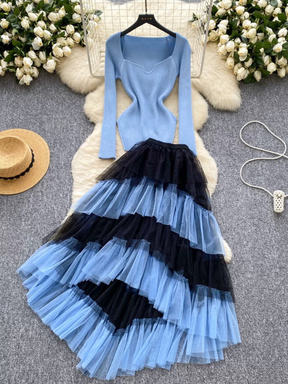 Light luxury French high-end sister suit women's autumn square-neck sweater high-waist slim mesh half-length cake skirt