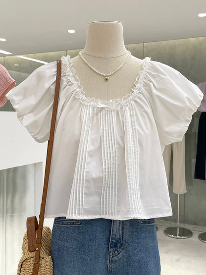 Clearance sale, no refunds or exchanges! Pleated lace collar lantern sleeve short top, sweet ins style blouse Q03