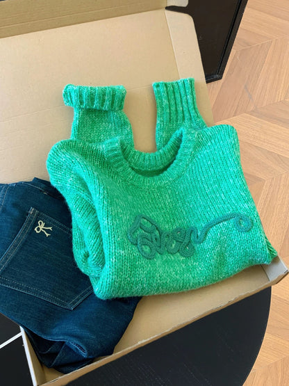 French temperament green lazy style jacquard round neck sweater women's autumn and winter atmosphere white temperament knitted sweater top