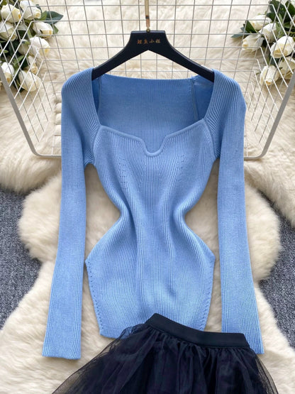 Light luxury French high-end sister suit women's autumn square-neck sweater high-waist slim mesh half-length cake skirt