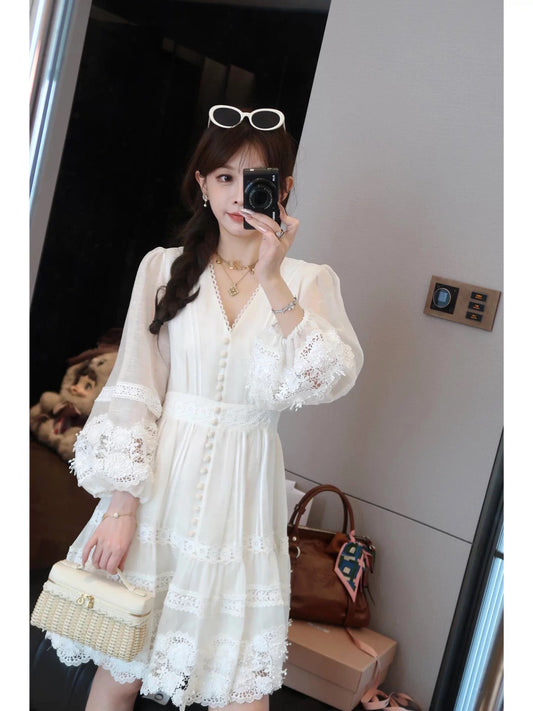 Yululu High-End Rain Dew Linen French V-Neck Long Dress with Heavy Embroidery, Gentle and Slimming Three-Quarter Sleeve Dress for Women, Summer