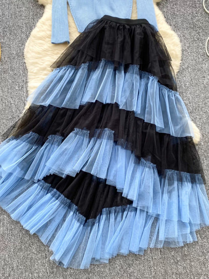 Light luxury French high-end sister suit women's autumn square-neck sweater high-waist slim mesh half-length cake skirt