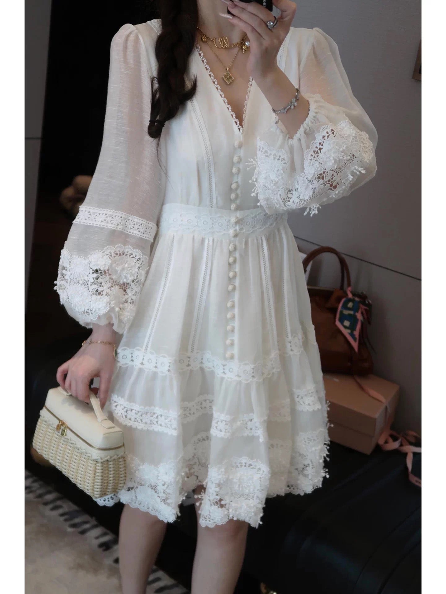 Yululu High-End Rain Dew Linen French V-Neck Long Dress with Heavy Embroidery, Gentle and Slimming Three-Quarter Sleeve Dress for Women, Summer