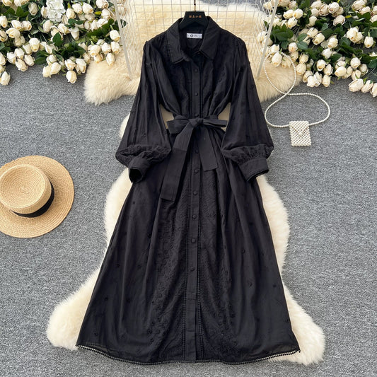 French sweet retro heavy industry hollow crochet embroidery straps to tighten the waist and look slimming long-sleeved single-breasted dress