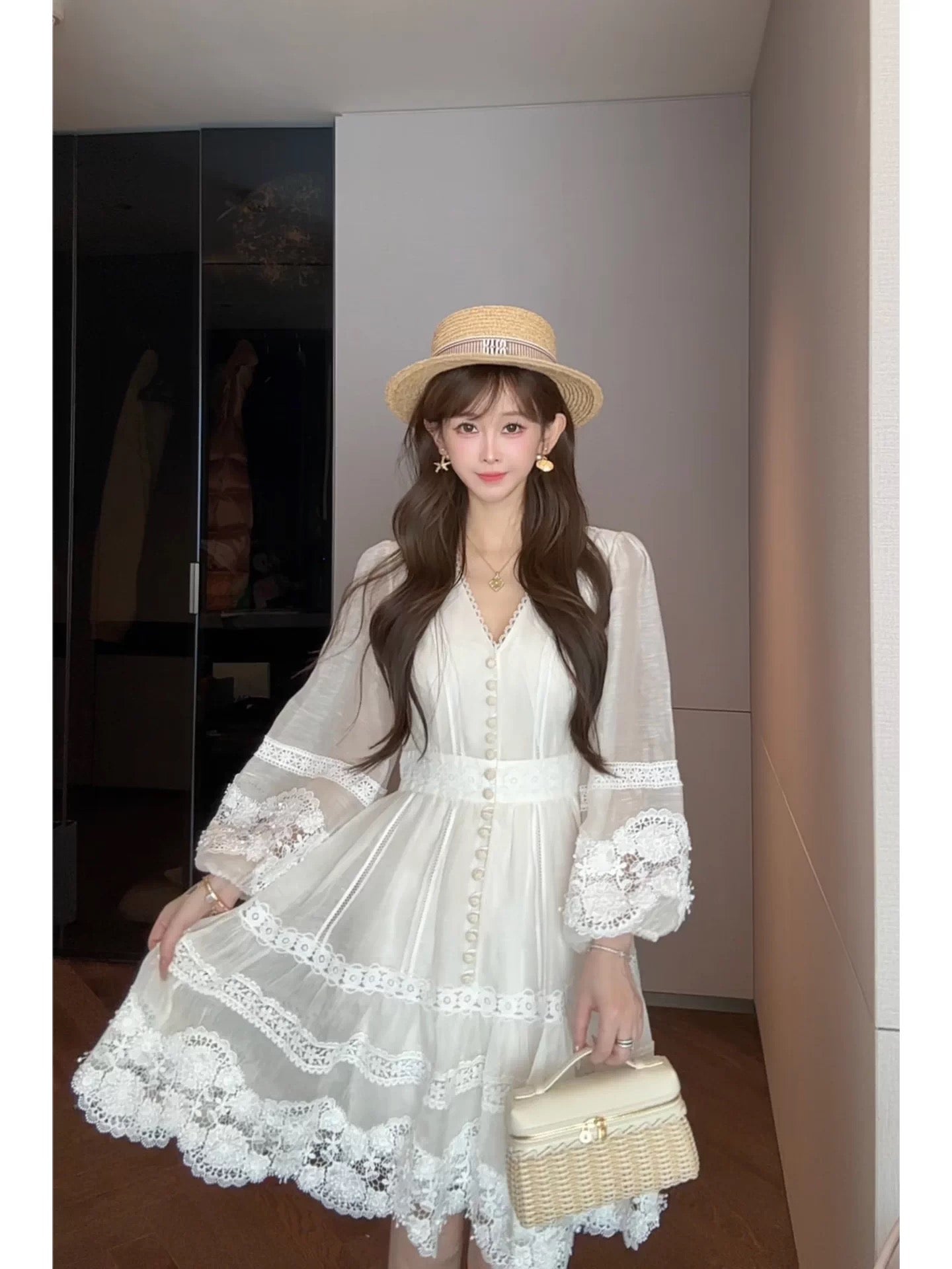 Yululu High-End Rain Dew Linen French V-Neck Long Dress with Heavy Embroidery, Gentle and Slimming Three-Quarter Sleeve Dress for Women, Summer