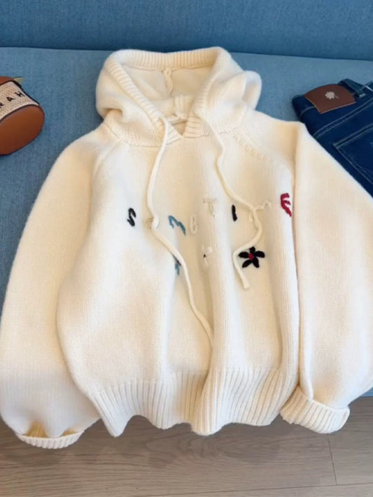 kk studio recommended ~ Korean letter embroidered hooded sweater for women autumn and winter inner wear outer wear knitted sweater