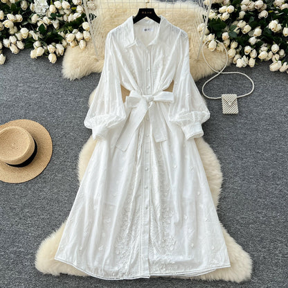 French sweet retro heavy industry hollow crochet embroidery straps to tighten the waist and look slimming long-sleeved single-breasted dress