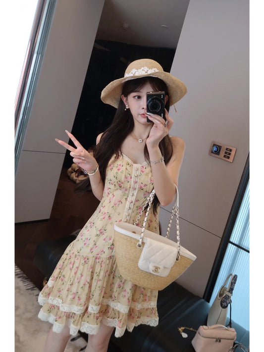 Yu Lulu French Chic Slim Fit Polka Dot Floral Print Sundress Women's Summer Mid-Length Elegant Dress