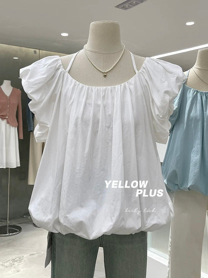 Clearance sale, no refunds or exchanges! French square neck puff sleeve babydoll shirt design with lace-up short shirt Q03