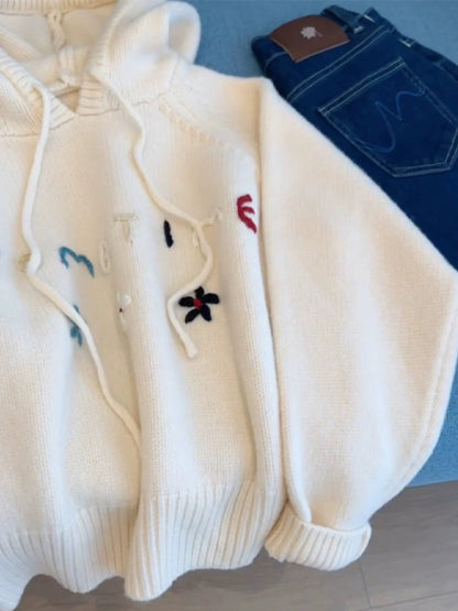 kk studio recommended ~ Korean letter embroidered hooded sweater for women autumn and winter inner wear outer wear knitted sweater