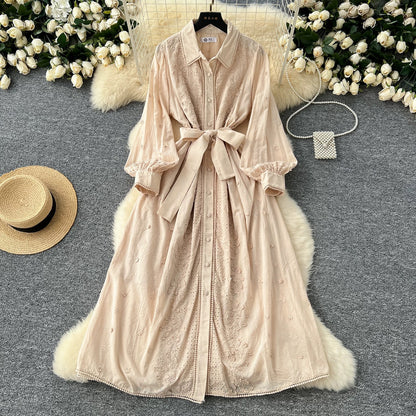 French sweet retro heavy industry hollow crochet embroidery straps to tighten the waist and look slimming long-sleeved single-breasted dress