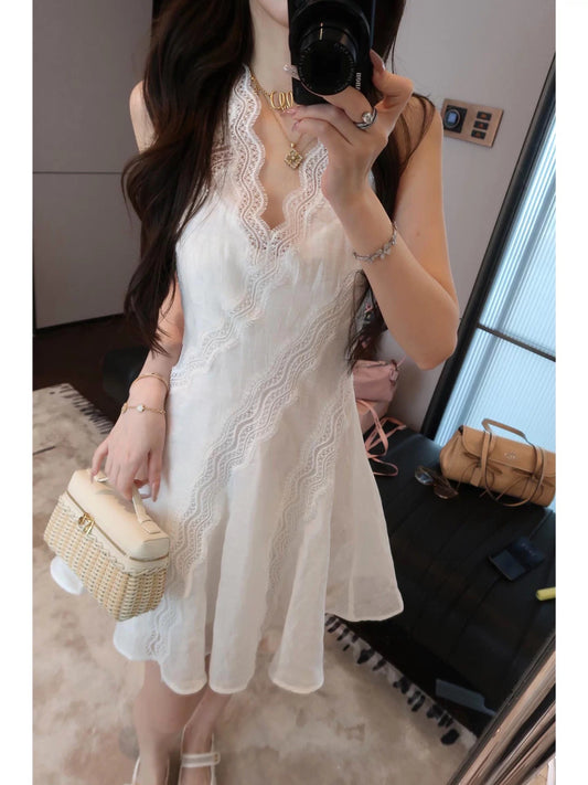 Deer Deer French Style Rain and Dew Linen First Love Bias Cut Slim Fit Suspender Dress Women's Summer V-Neck Sleeveless Elegant Long Dress