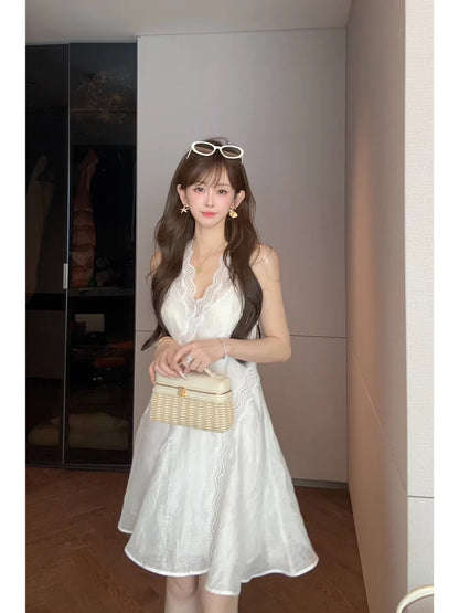 Deer Deer French Style Rain and Dew Linen First Love Bias Cut Slim Fit Suspender Dress Women's Summer V-Neck Sleeveless Elegant Long Dress