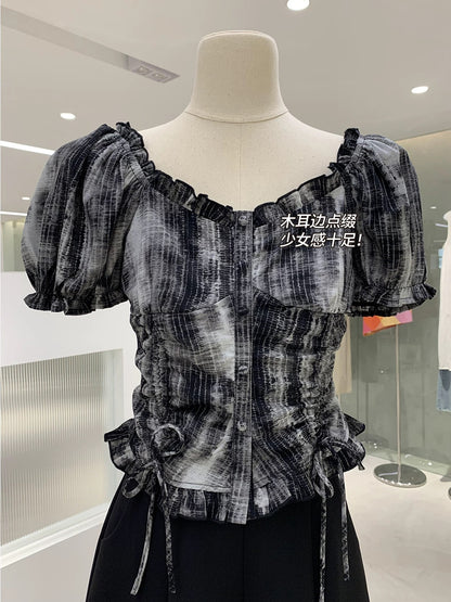 Clearance sale, no refunds or exchanges! Off-shoulder puff sleeves, slim waisted shirt, fashionable top Q03