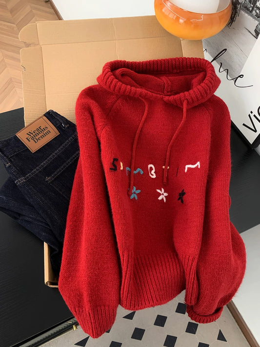 Year of the Zodiac Retro Red Letter Embroidery Hooded Sweater Women's Autumn and Winter Design Soft and Loose Knitted Sweater Top