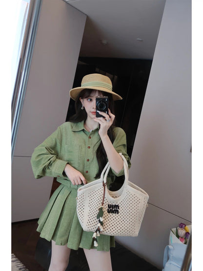Yululu Linen Super Popular Chic Green Shirt Set for Women, Summer Pleated Fashionable Skirt Two-Piece Set