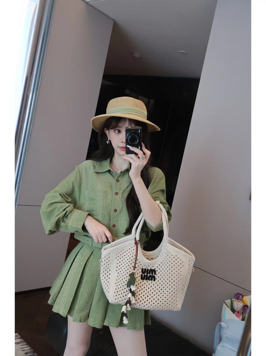 Yululu Linen Super Popular Chic Green Shirt Set for Women, Summer Pleated Fashionable Skirt Two-Piece Set