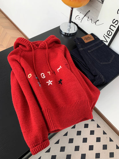 Year of the Zodiac Retro Red Letter Embroidery Hooded Sweater Women's Autumn and Winter Design Soft and Loose Knitted Sweater Top
