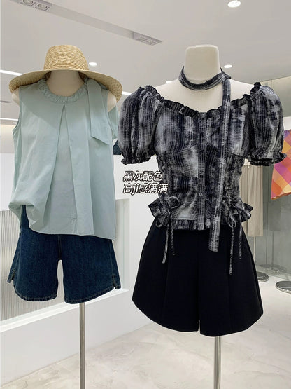 Clearance sale, no refunds or exchanges! Off-shoulder puff sleeves, slim waisted shirt, fashionable top Q03