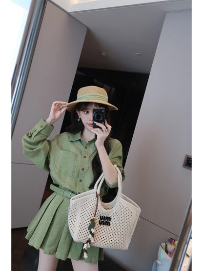 Yululu Linen Super Popular Chic Green Shirt Set for Women, Summer Pleated Fashionable Skirt Two-Piece Set