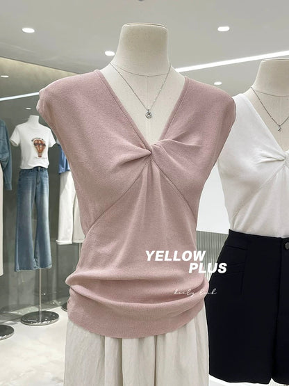 Clearance sale, no refunds or exchanges! Knotted V-neck small flying sleeves ice silk knit sweater for women, summer slim sleeveless top Q03