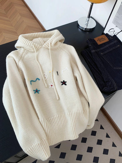 Year of the Zodiac Retro Red Letter Embroidery Hooded Sweater Women's Autumn and Winter Design Soft and Loose Knitted Sweater Top
