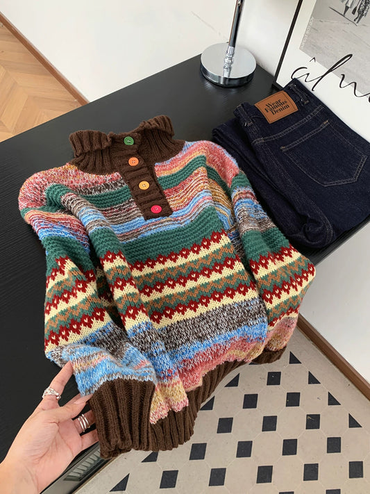 Maillard retro high collar Fair Isle sweater knitted sweater women's autumn and winter lazy colorful button striped jacquard top